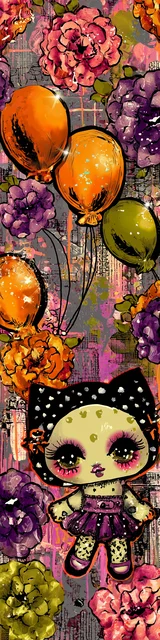 Free kawaii cats bookmark featuring a cat with red and orange balloons